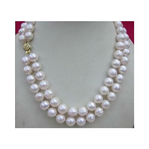 Double Strands 2rows+9-10mm Natural South Sea White Pearl Necklace 17-18