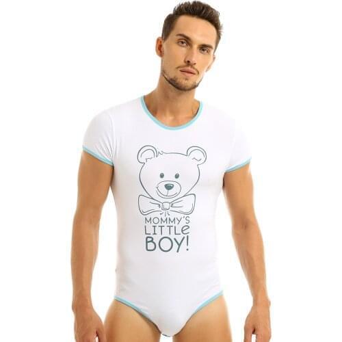 Men One Piece Pajamas Lingerie O Neck Short Sleeves Press Button Crotch Casual Loungewear Printed Home Bodysuit Romper Jumpsuit