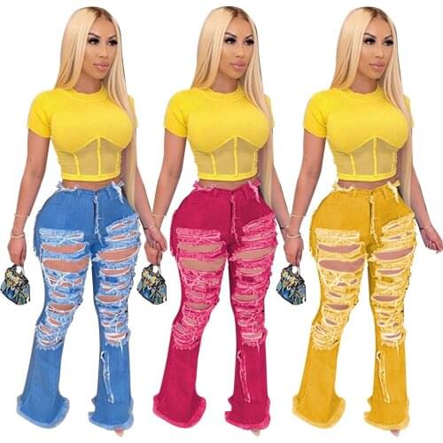 Casual Jeans For Women Hollow Out Holes Flare Has Stretch Shinny Pants Bottom Jeans Womens Summer Clothes Plus Size XXL