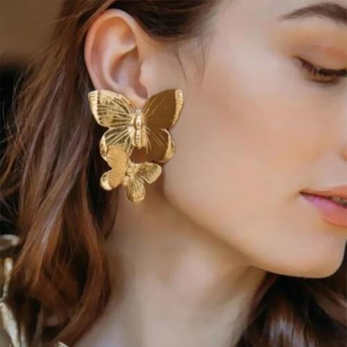 Exaggerated Personality Metal Texture Double Butterfly Earrings European and American New Fashion Creative Alloy Wing Brincos