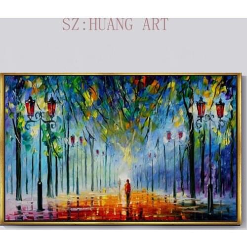 Modern home decoration hotel wall art painting street view knife thick oil painting canvas on the hand-painted night scene stree