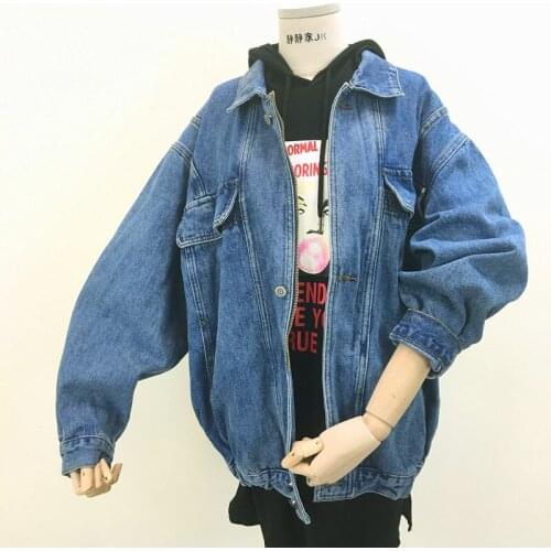 Vintage Wash Blue Denim Jacket Women Casual Big size Loose Mid Long Jeans Jacket Female Long sleeve Denim Coat Student Outerwear