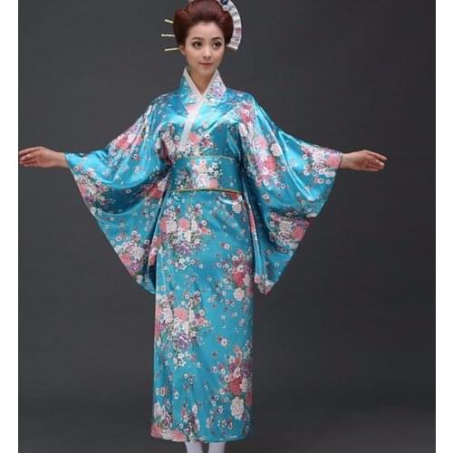 Japanese Sexy Yukata With Obi Womens Satin Kimono Haori Novelty Party Dress Performance Dance Costume Floral One Size