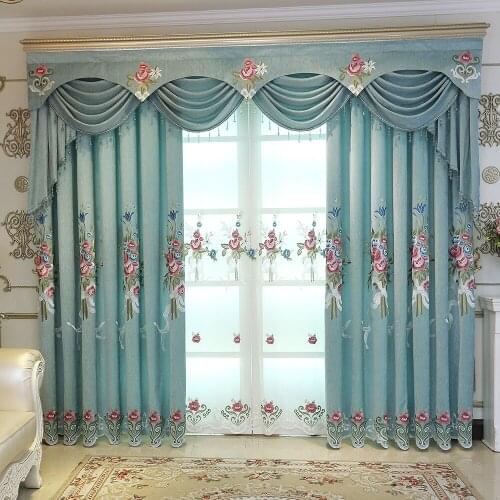 Custom curtains European window blue Chenille embroidered window bedroom cotton cloth blackout curtain tulle valance drape M822
