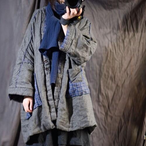 Johnature Women Linen Plaid Patchwork Vintage Long Coats Pockets 2021 Autumn New Long Sleeve Casual Women Thick Coats