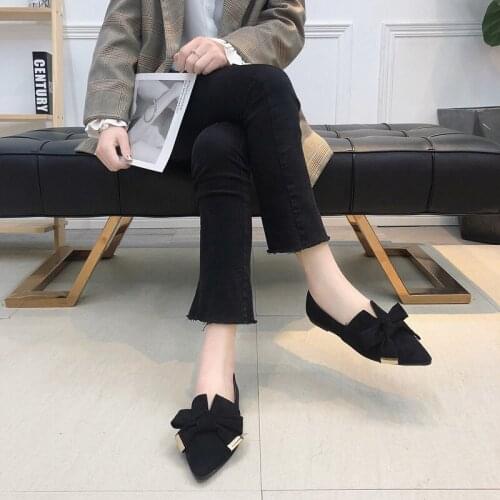 Women Pointed Toe Flats 2020 Butterfly-knot Flat Shoes Women Boat Shoes Slip On Ladies Loafers Shallow Women Flats Black U19-98