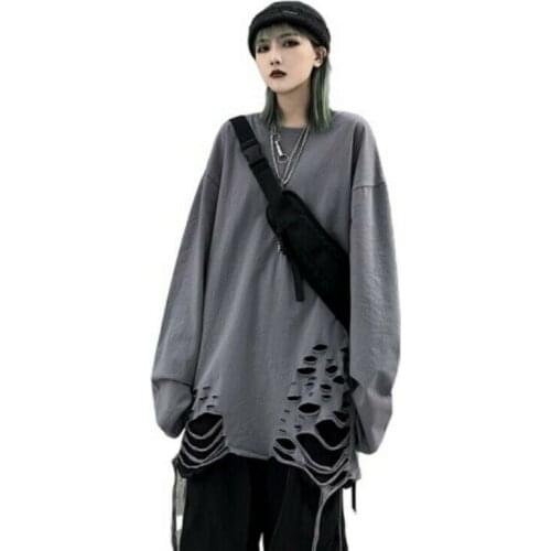 Women Ripped Hiphop Style Sweat Tops Long Sleeve Crewneck Asymmetric D