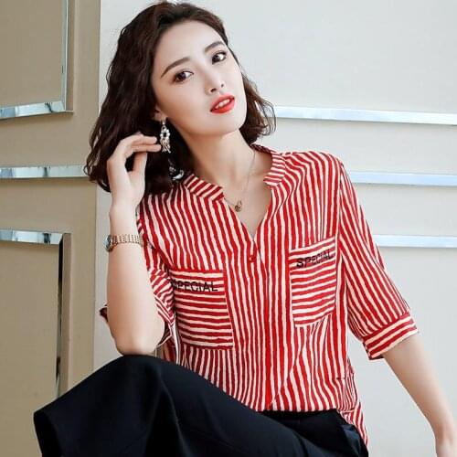 Women Spring Summer Style Chiffon Blouses Shirts Lady Casual Short Sleeve Striped Printed Blusas Tops ZZ0753
