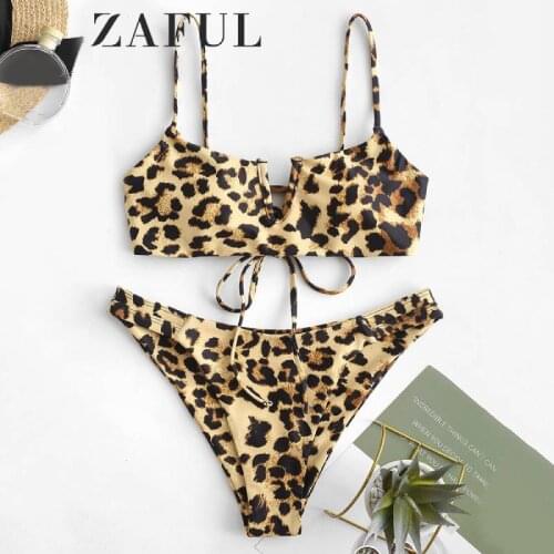 ZAFUL V-wired Lace-up Leopard Bikini Swimsuit Padded Wire Free High Cut Bikini Bathing Swimwear Spaghetti Straps Female Swimsuit
