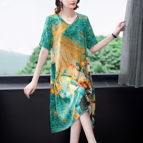 Women Casual Green Print 4XL Plus Size Midi Dress 2021 Summer Vintage Floral Mulberry Silk Dress Elegant Bodycon Party Vestidos