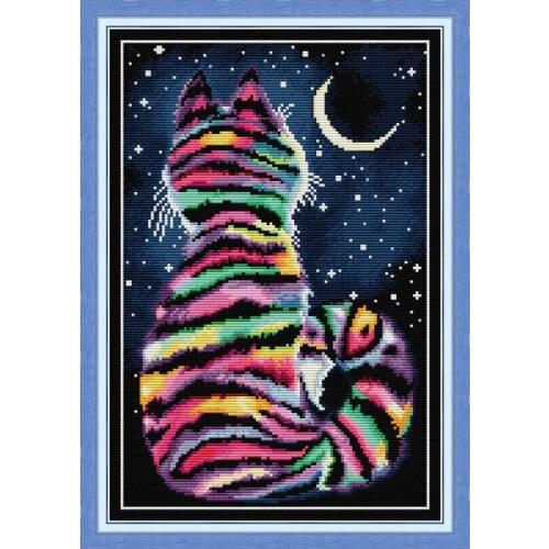 Gold Collection Counted Cross Stitch Kit Striped Cat Rainbow Colorful Kitty Moon Night