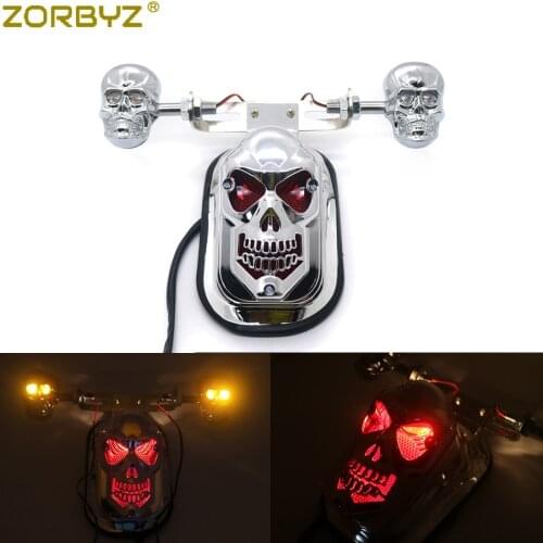 ZORBYZ Motorcycle Chrome Skull Turn Signal Brake License Plate Rear Tail Light For Harley Chopper Custom