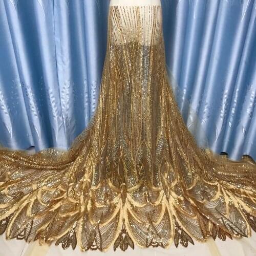Gold African Lace Fabrics For Christmas Party 2020 High Quality Sequins Heavy Embroidery French Tulle Lace Nigeria Mesh Sewing