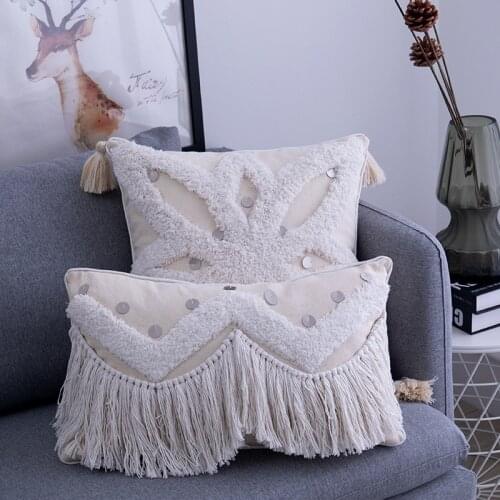 Handmade Sequin Tassel Cushion Cover 45*45CM Bohemian Style White Tassel Tufted Cushion Bedroom Living Room Sofa Home Decoration