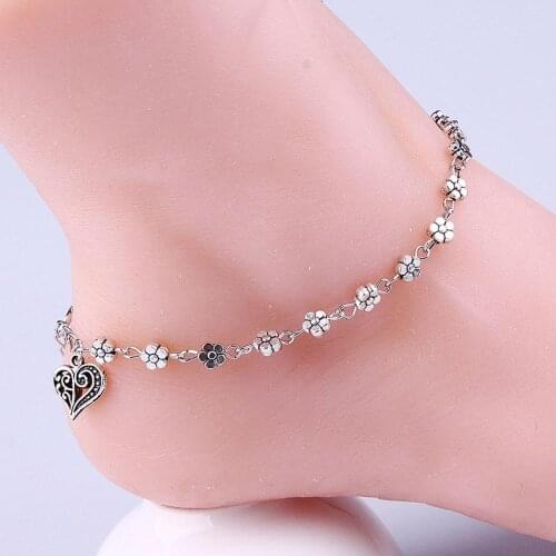 Bohemian Women Vintage Flower Hollow Heart Charm Anklet Women Sandals Barefoot Ankle Bracelet on the leg Womans accesories