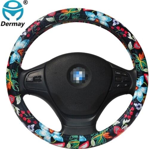DERMAY PU Leather Cute Car Steering Wheel Cover Flowers Printed Cartoon for Girls Women Car Styling fit 14-15" Steering Wheel
