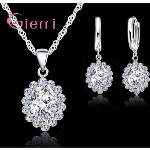 Elegant Women Bridal Real 925 Sterling Silver Wedding Banquet Shining Cubic Zirconia Filled 2PCS Jewelry Sets Wholesale