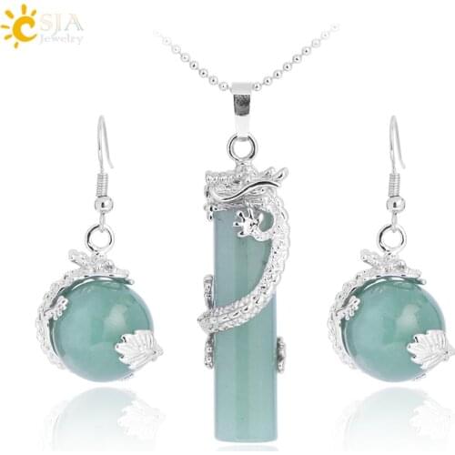 CSJA 2017 Natural Jewelry Set Crystal Round Stone Beads Drop Pendant Necklace Earrings Set Chain Opal Dragon Pendulum Party E390