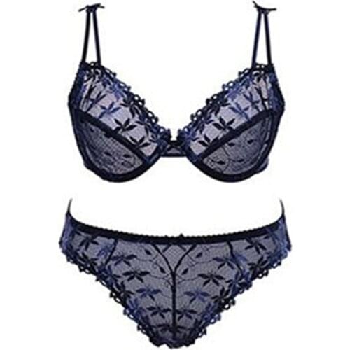Womens Bra Blue Ultra Thin Bras Panties 2pcs Set Perspective Floral Lace Sexy Lingerie Underwear Set Gift S505B