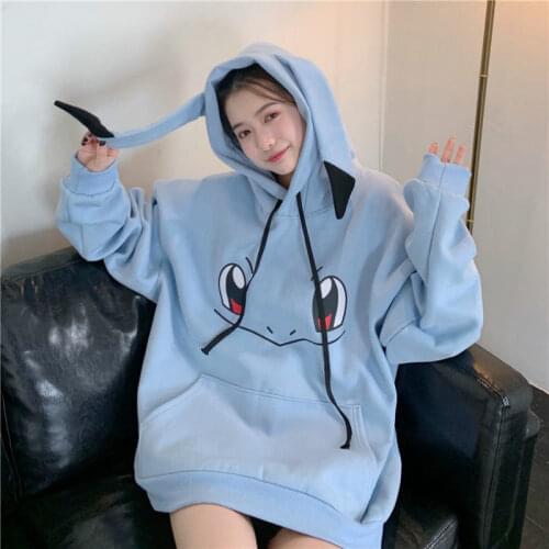 Korean Cartoon Embroidery Hoodie Sweatshirt Cute Girls Winter Clothes Kawaii Pikachu for Women Pocket Oversized Hoodies Pullover