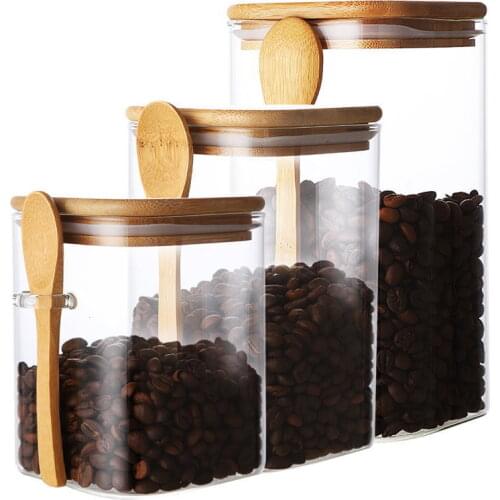 Kitchen Storage Glass Airtight Food Can Bamboo Lid Measuring Spoon Nuts Jar See-through Caddy Coffee Beans Sugar Milk Protein