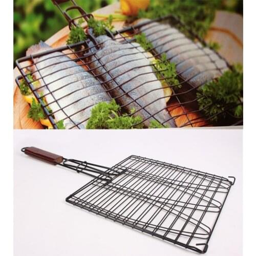 Handmade Non-stick Triple Fish Barbecue Basket Wooden Handle Outdoor Barbecue Barbecue Fish Rack Barbecue Tool Fish Barbecue Net
