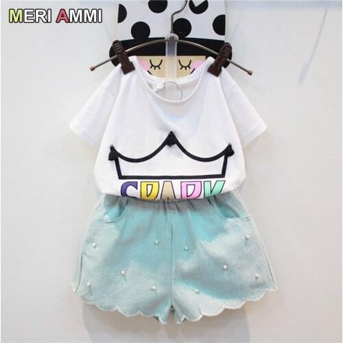 MERI AMMI 2 pcs Set Children Girl Clothing Outfit Set Short Sleeve Spark Letter Tee +Pearl Decoraion Shorts For 2-9 Year Girl