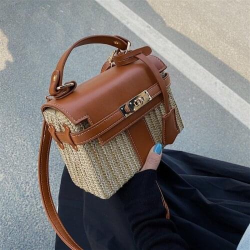 Fashion Straw Handbags 2021 Designer Wicker Woven Shoulder Crossbody Bags Women Lock Pu Summer Beach Rattan Totes Small Flap