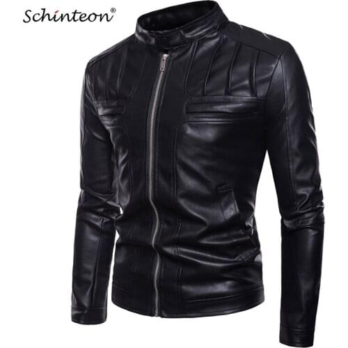 Schinteon Men Motorcycle PU Leather Jacket Outwear Stand Collar Casual Faux Leather Slim Coat Brown Black