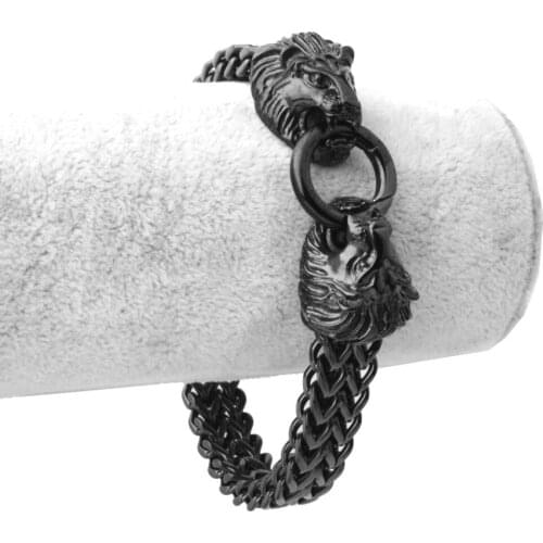 12mm Wide Punk Cool 316L Stainless Steel Black Double Lion Head Flat Figaro Chain Mens Bracelet Bangle Jewelry 8.66" Wholesale