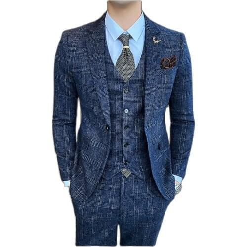 Blue Striped Plaid 3 Piece Set Men ( Jacket+Vest+Pants) Gray Brown Wedding Party Slim Fit Mens Suits High Quality Blazers S-5XL