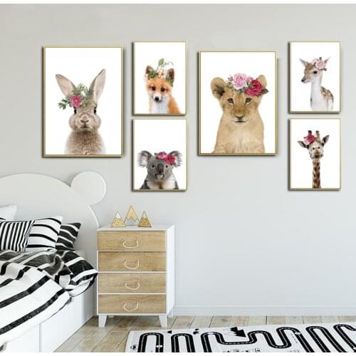 Nordic Spray Color Rose Rabbit Giraffe Deer Canvas Painting Flower Lion Wall Picture Animal Horse Elephant Poster Room Decor