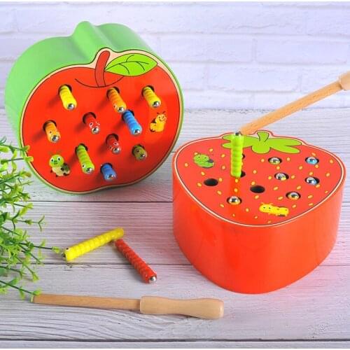 NEW Baby Wooden Toys 3D Puzzle Early Childhood Educational Toys Catch Worm Game Color Cognitive Magnetic Strawberry Apple