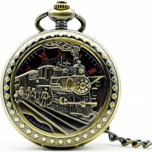 Retro Exquisite Skeleton Running Steam Train Design Pocket Watch Bronze Women Men Mechanical Hand Winding Chain Gift