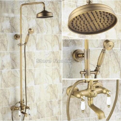 Bathroom Dual Ceramic Handles Bathtub Mixer Tap Wall Mounted Antique Brass Rain Shower Faucet Set with Handheld Shower Wrs146