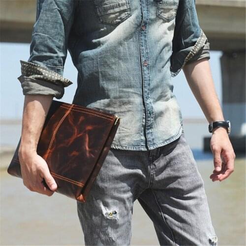Retro fashion natural genuine leather mens envelope bag top layer cowhide clutch bag casual daily work mens armpit bag