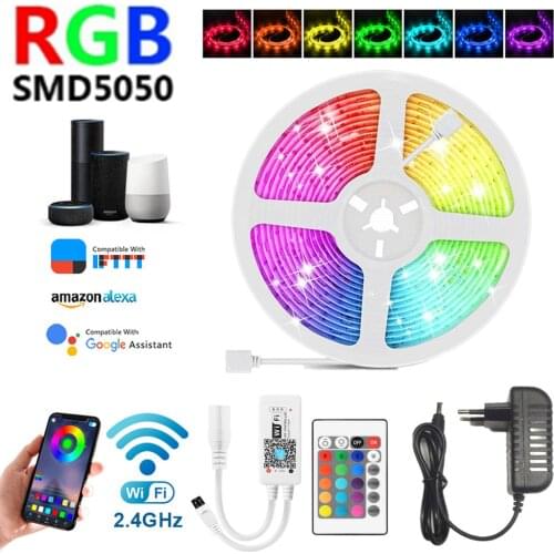 5m 10m 15m WiFi LED Strip Light RGB Waterproof 5050 SMD 2835 DC12V rgb String Diode Flexible Ribbon WiFi Contoller+Adapter plug