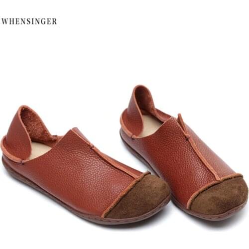 Whensinger - Hot Sale Genuine Leather Women Shoes 2017 Fashion Lace up Casual Flat Shoes Peas Non-Slip Outdoor Shoes