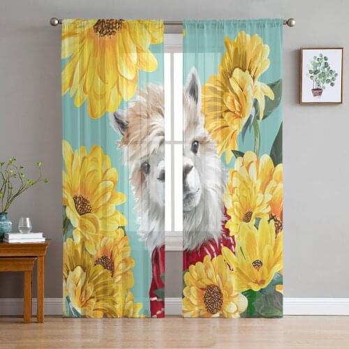 Farm Daisy Alpaca Cartoon Window Treatment Tulle Modern Sheer Curtains for Kitchen Living Room the Bedroom Curtains Decoration