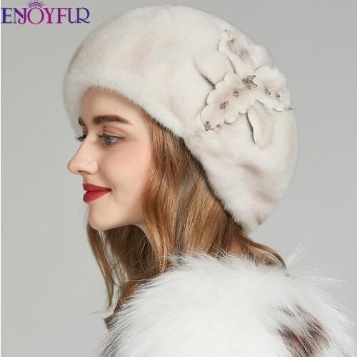 ENJOYFUR Whole Mink Fur Winter Hats Women Real Mink Fur Berets Warm Genuine Fur Caps With Flower New Brand Female Hat