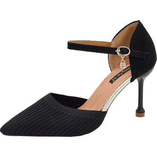 Womens shoes 2020 new pointed knit stiletto high heel womens word buckle cat and wild net red single shoes sandals women