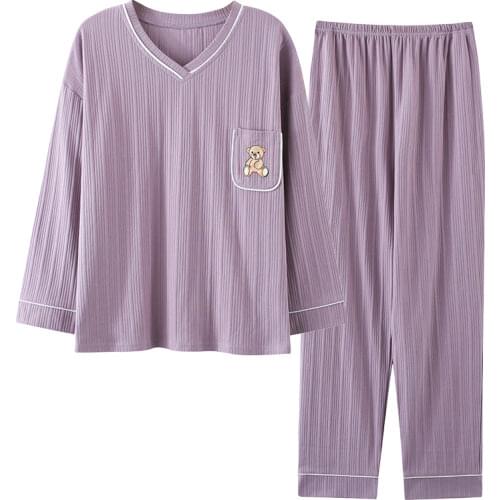 Plus Size Womens Pajamas V Neck Soft Knitted Cotton Long Sleeved + Pants Two Pieces Sleepwear Pj Set 3xl 4xl 5xl Home Clothing