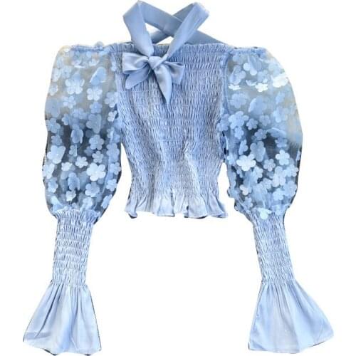 French Vintage Flower Mesh Patchwork Puff Sleeve Blosue Women Sweet Bowknot O-Nec Short Shirts Sexy Streetwear Tee Tops