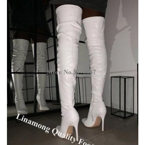 Linamong Elegant Women Pointed Toe Over Knee Stiletto Heel Boots White Leather Long High Heel Boots Formal Dress Heels Shoes