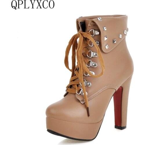 QPLYXCO 2017 Big Size 30-50 Russian Shoes Martin Short Boot Women With Zipper High Heels Shoes Woman Lace Up Ankle Boots X-6