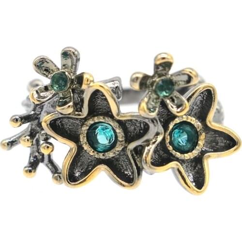 25x15mm Bohemia Style Flowers 5.6g Created Pink Tourmaline Blue Aquamarine Women Black Gold 925 Sterling Silver Rings Wholesale