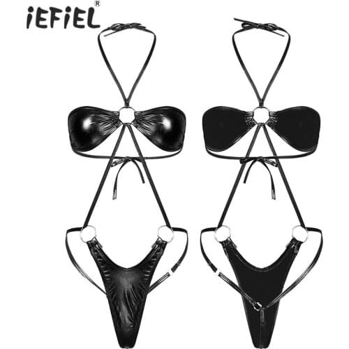 Womens Lingerie One-piece Mini Slingshot Trikini Swimwear Shiny Metallic Halter Backless Cheeky Thong Teddy Bodysuit Nightwear