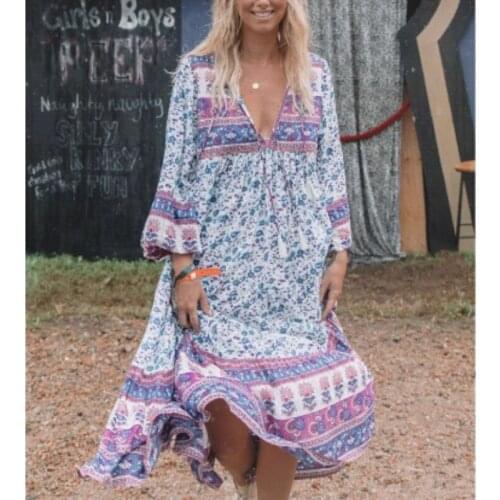 Boho Queens women floral print long sleeve tassel ruffles beach Bohemian midi dresses Ladies loose v-neck rayon Boho dress
