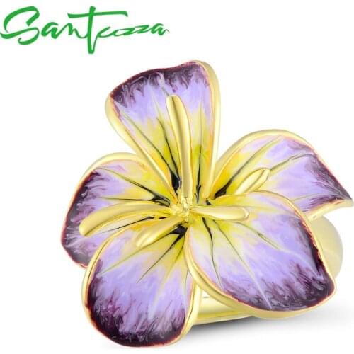 SANTUZZA Silver Rings For Women Pure 925 Sterling Silver Gold Color Gorgeous Blooming Flower Ring Jewelry HANDMADE Enamel