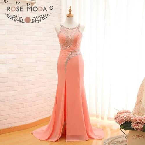 Rose Moda Sexy Peach Evening Dress with Slit Floor Length Cut Out Crystal Beaded Illusion Back Formal Party Dress 2019